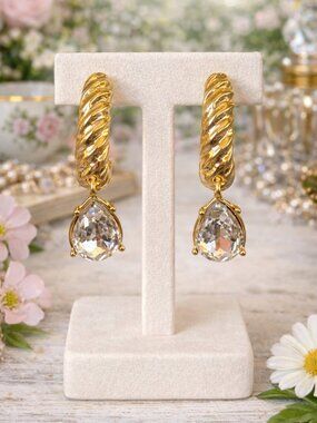Gold Crystal Drop Earrings, Twisted Gold Hoop Earrings, Bridal Earrings